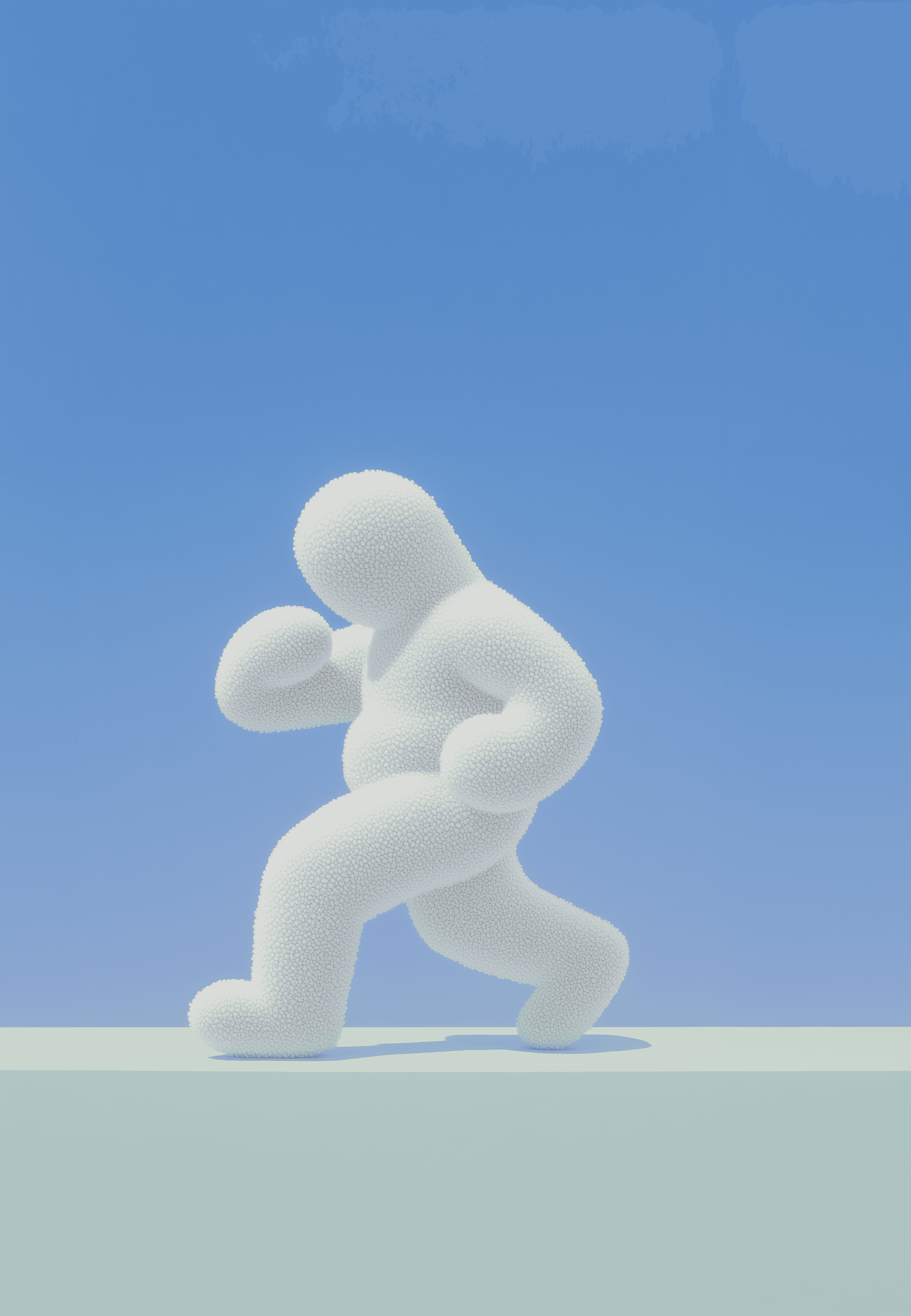 The Liquid Dreams foam character mid-stride in a cerulean-and-mint dreamscape