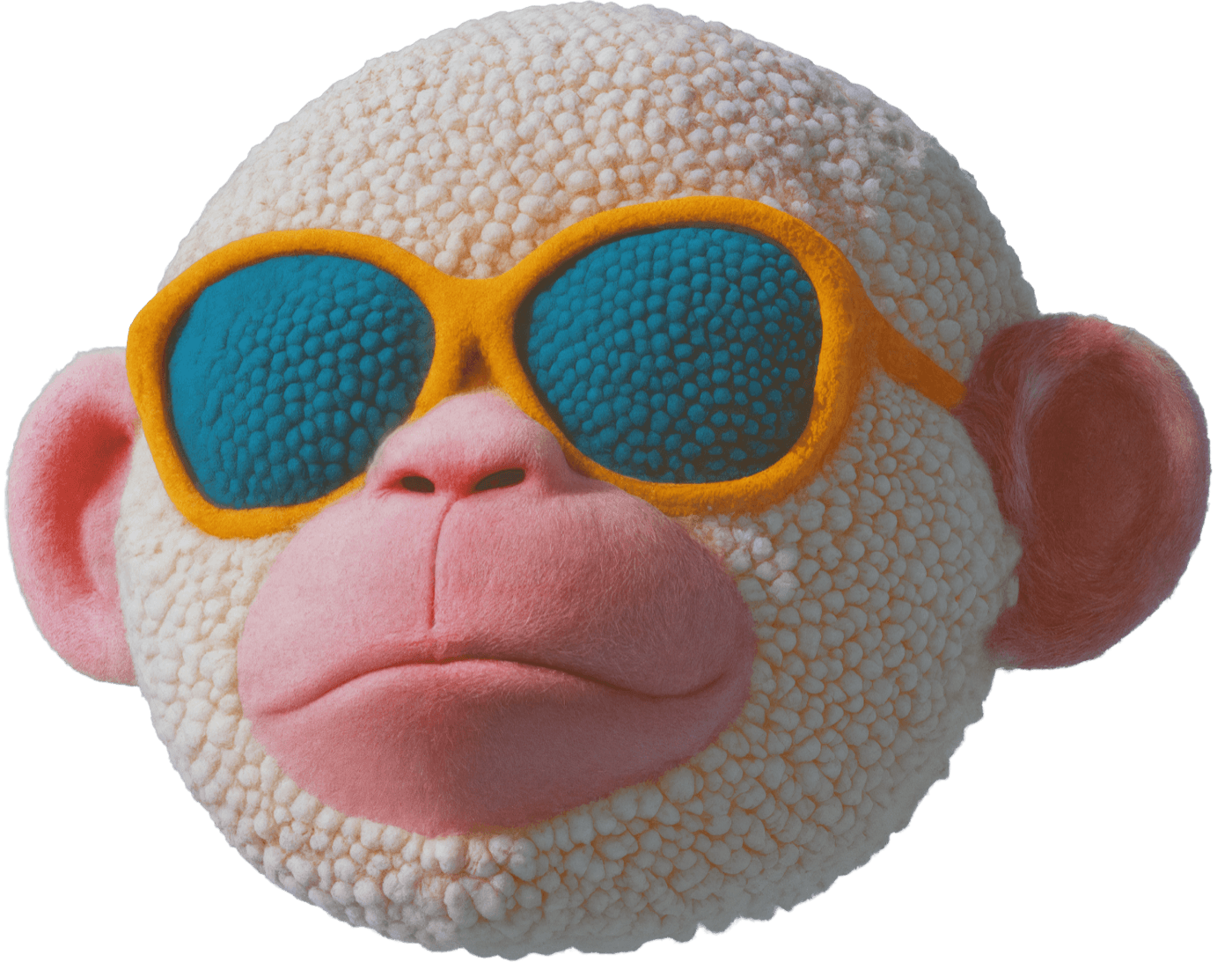 A fuzzy foam ape mascot in orange sunglasses, from the Liquid Dreams character world