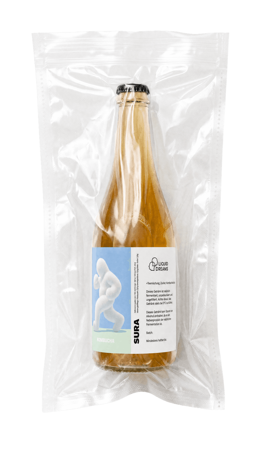 Liquid Dreams SURA kombucha bottle in a clear refill pouch